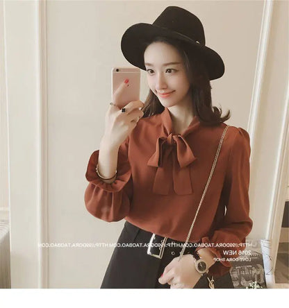 Hot Sale Blouse Women Elegant Fashion Bow Autumn Long Sleeve French Style Casual Vintage Female Feminine Daily Solid Breathable
