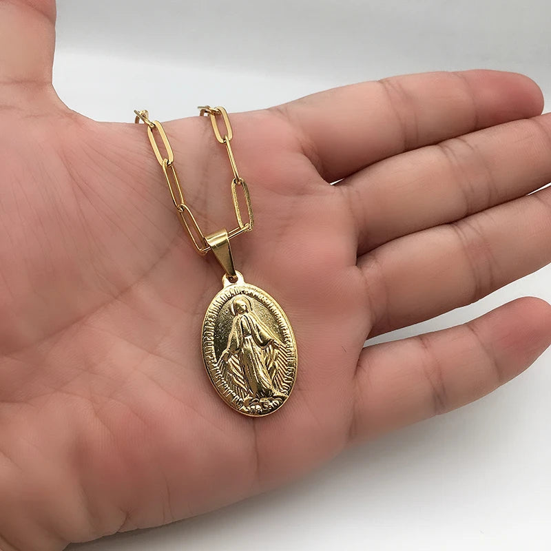 Stainless Steel Virgin Mary Necklace For Women Gold/Silver Color Metal Virgen Maria Medalla Cross Necklace Choker Religious