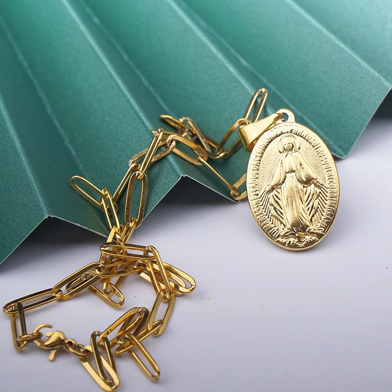 Stainless Steel Virgin Mary Necklace For Women Gold/Silver Color Metal Virgen Maria Medalla Cross Necklace Choker Religious