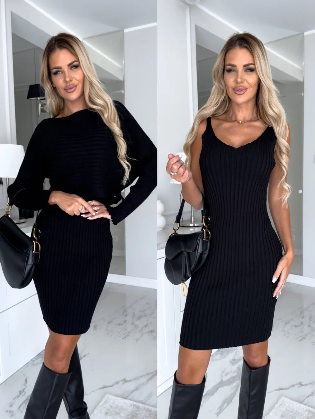Fashion Long Sleeve Knitted Sweater And Dress Two Piece Sets For Women 2025 Autumn Winter Outfits Warm Sexy Bodycon Drsses Sets