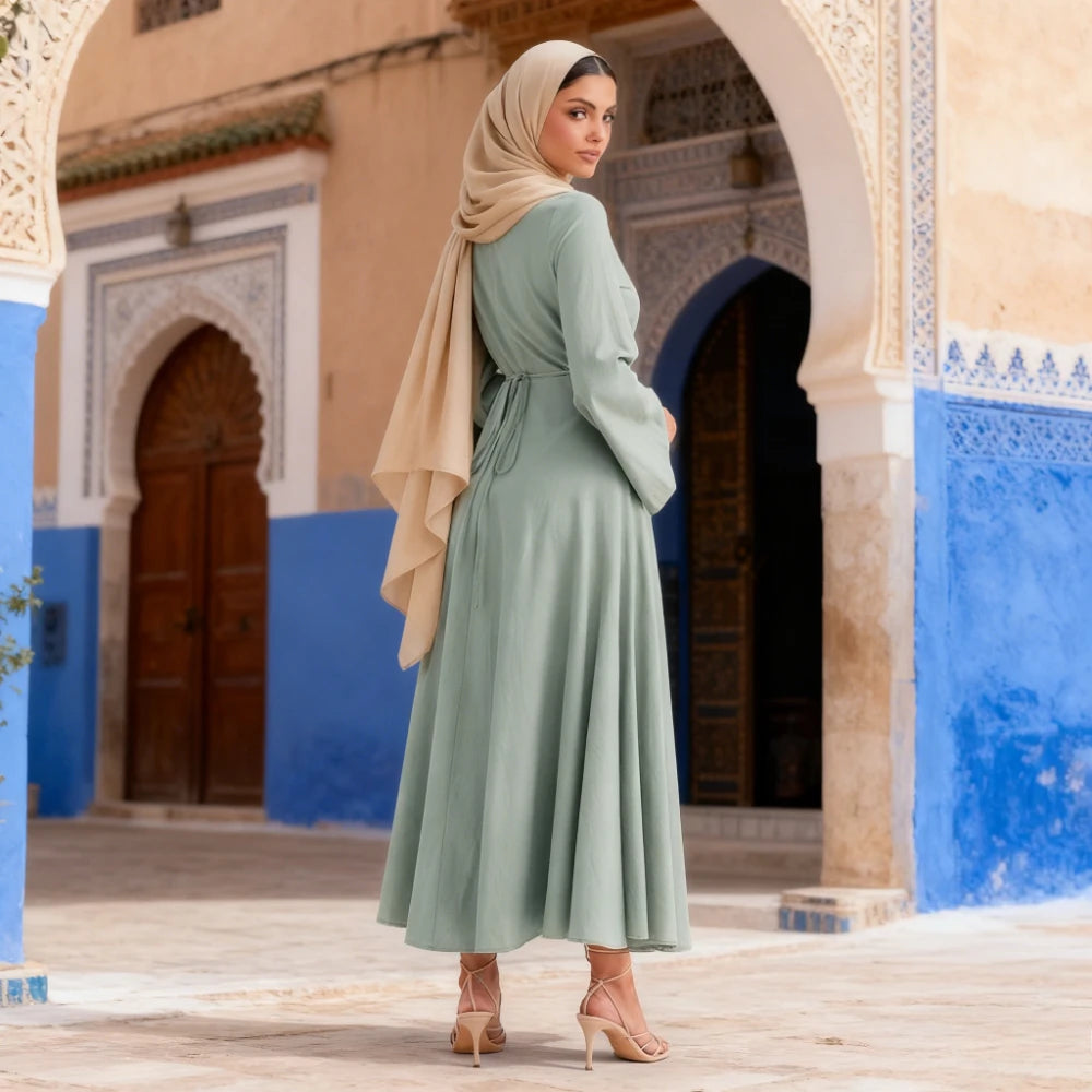 Women Cotton Linen Dresses Eid Muslim Vestidos Abaya Lace Up Ramadan Morocco Dubai Abayas Jalabiya Kaftan 2025 Arab Long Robe
