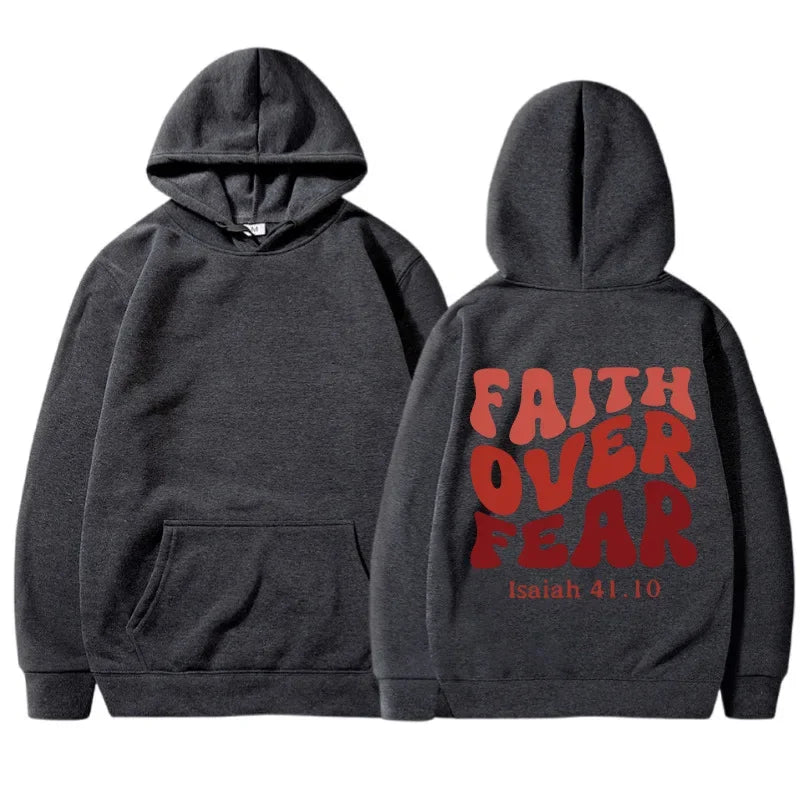 FAITH OVER FEAR Plush sweatshirt for women 2024 autumn and winter new Korean version student printed hooded loose