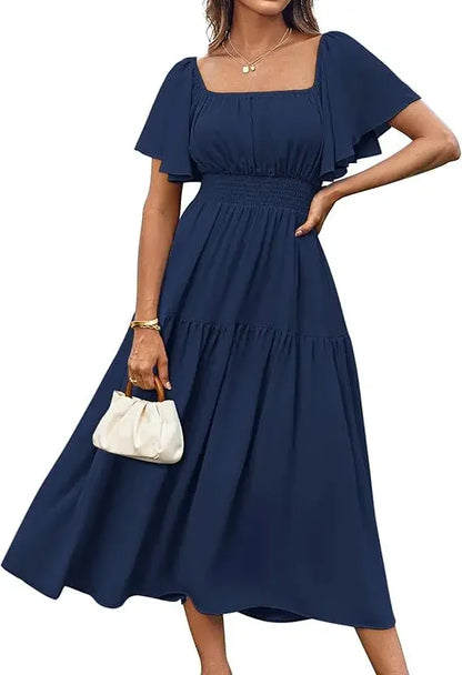 Elegant Summer Long Skirt for Women with Puffy Sleeves Square Collar Gathered Waist Loose Fit Knee-Length Holiday Dress