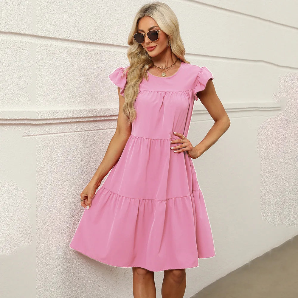 Casual Loose Ruffles Dress Women Fashion O-neck Pure Color Short Sleeve Dresses For Women 2024 Summer White Beach Sumdress