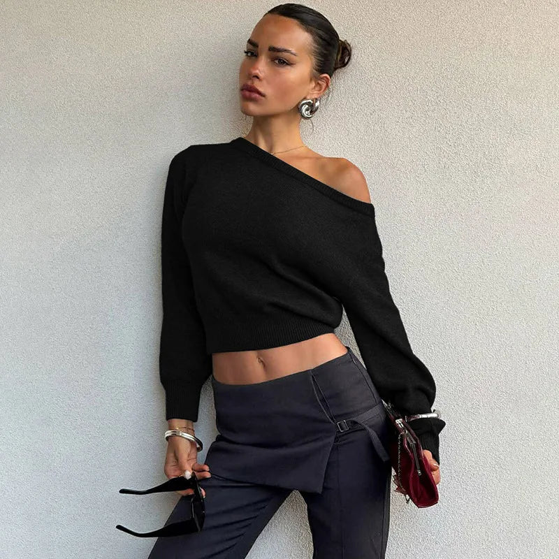 One Shoulder Beige Knitted Sweater Women's Pull Waist One-Shoulder Sweatshirt Jumper Pulls Spring Clothes 2026 Pullover Y2K New