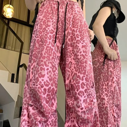 Matakawa Y2k Clothes Pink Leopard Women Pants Spring Autumn Streetwear Vintage Pantalones Mujer Hiphop Wide Leg Trousers