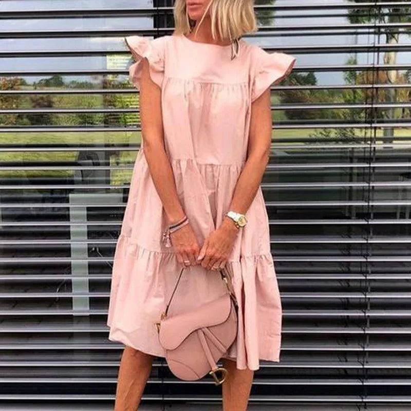 Casual Loose Ruffles Dress Women Fashion O-neck Pure Color Short Sleeve Dresses For Women 2024 Summer White Beach Sumdress
