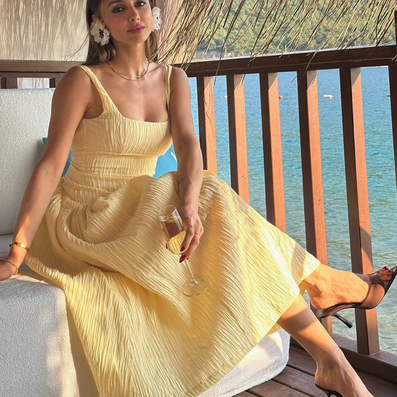 Women's Dress Yellow Pleated Sexy Backless Slip Dress Female Sleeveless Midi Dress 2026 Summer New Square Collar Beach Vestidos