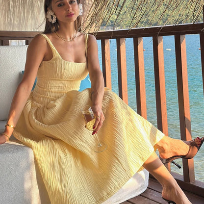Women's Dress Yellow Pleated Sexy Backless Slip Dress Female Sleeveless Midi Dress 2026 Summer New Square Collar Beach Vestidos