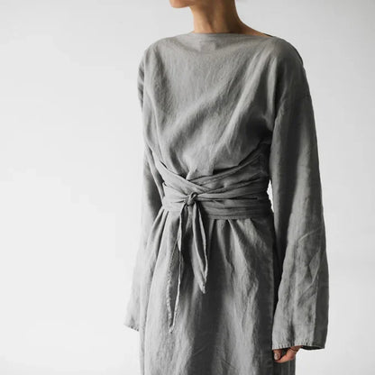 2023 Amazon New Cotton Linen Long Sleeve One Shoulder Belted Dress Women's Clothing Dresses Origin Mainland China Brand Name NoE