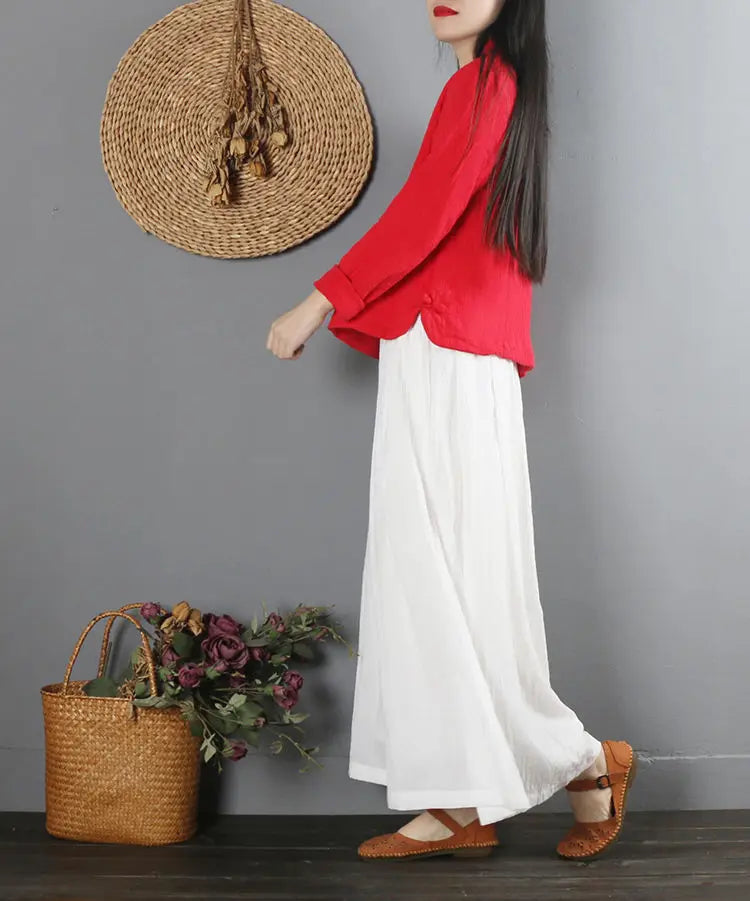 2022 Summer Chinese Style Ethnic Long Sleeve Women Retro Embroidery Blouse Red T-shirt Cotton Oversize Loose Ladies Casual Tops