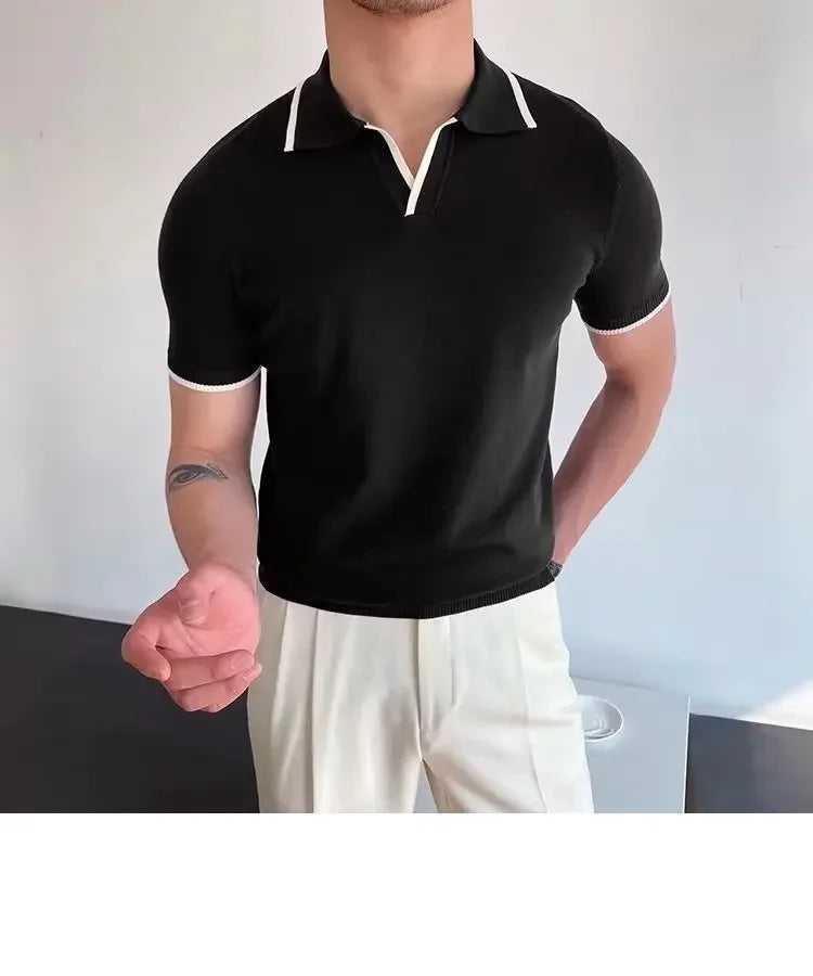 Summer Men's Knit Short Sleeve Polo Shirt Korean Style Slim Fit Solid Color Ice Silk Casual T-shirt Base Layer Top
