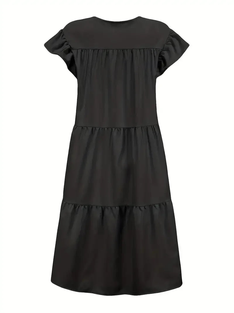 Casual Loose Ruffles Dress Women Fashion O-neck Pure Color Short Sleeve Dresses For Women 2024 Summer White Beach Sumdress