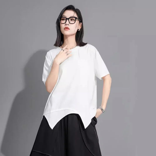 Loose-Fit Slimming Summer T-Shirt Women's Stylish Niche Design Sensibility Bottomshort Sleeves Crew Neck Top