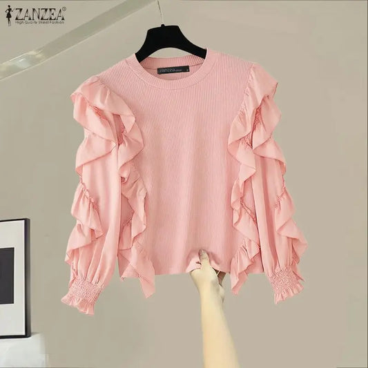 ZANZEA Woman Ruffles Trim Blouses O-Neck Long Sleeve Solid Color Ribbed Knit Patchwork Pullover Tops Spring Elegant Blusas Mujer