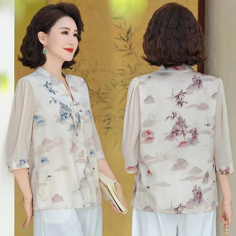 New Chinese Style Floral Print Chiffon Shirt Half Sleeve Women's Middle-Aged Spring Summer Top Mom's Fashionable Small Shirt