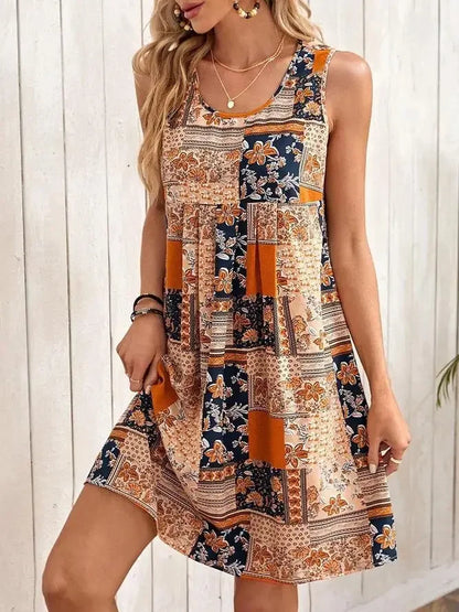 TUME Women's Fashion Print Dress Knee-Length Skirt Sleeveless Regular Waistline Cross-Border Summer New Arrival
