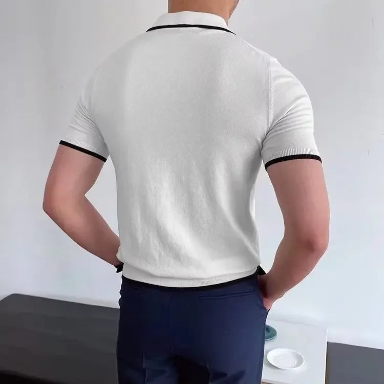 Summer Men's Knit Short Sleeve Polo Shirt Korean Style Slim Fit Solid Color Ice Silk Casual T-shirt Base Layer Top