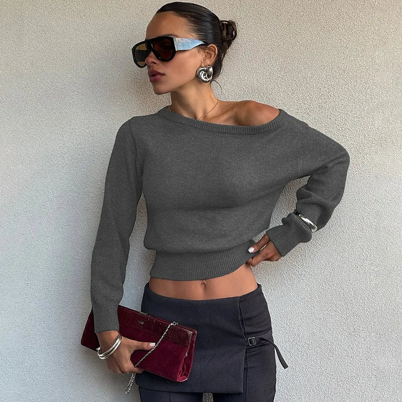 One Shoulder Beige Knitted Sweater Women's Pull Waist One-Shoulder Sweatshirt Jumper Pulls Spring Clothes 2026 Pullover Y2K New