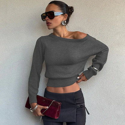 One Shoulder Beige Knitted Sweater Women's Pull Waist One-Shoulder Sweatshirt Jumper Pulls Spring Clothes 2026 Pullover Y2K New