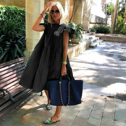 Casual Loose Ruffles Dress Women Fashion O-neck Pure Color Short Sleeve Dresses For Women 2024 Summer White Beach Sumdress