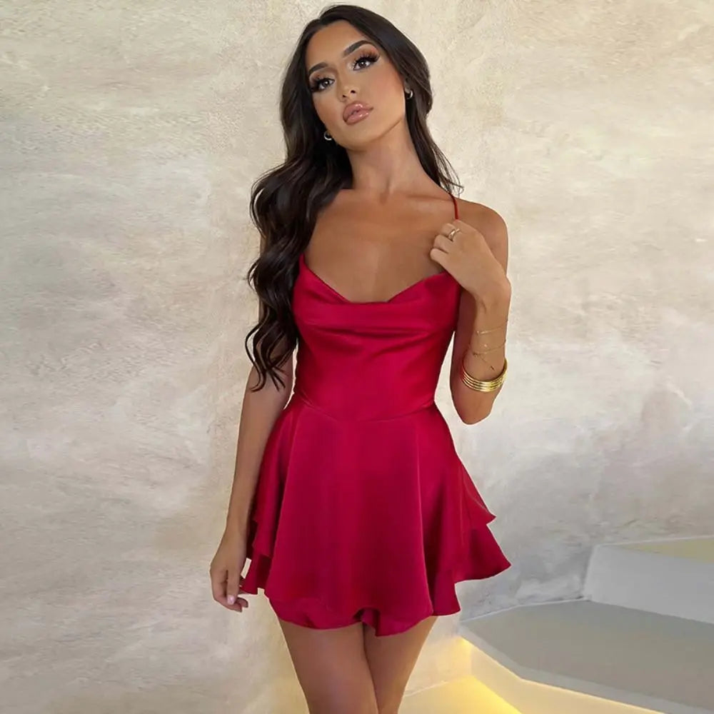 Popular Sleevesless Mini Dress Spaghetti Strap Solid Color Women Dress Sexy Tie-up Clubwear