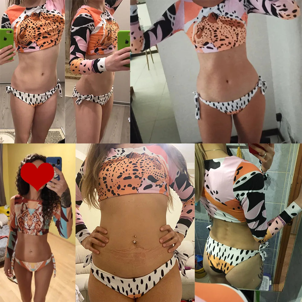 2025 Surfing Women's Swimsuit RashGuard Bikinis Long Sleeve Swimwear Female Print Summer Bathing Suit 2-piece Sports Biquini