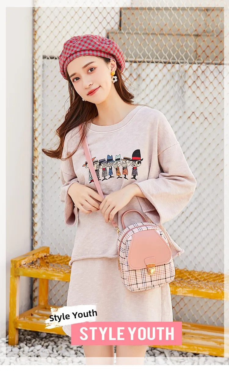 Fashionable Korean Style Small Backpack Hot Sale Of The Season Checkered Crossbody Bag Single Shoulder Phone Bag PU Material...