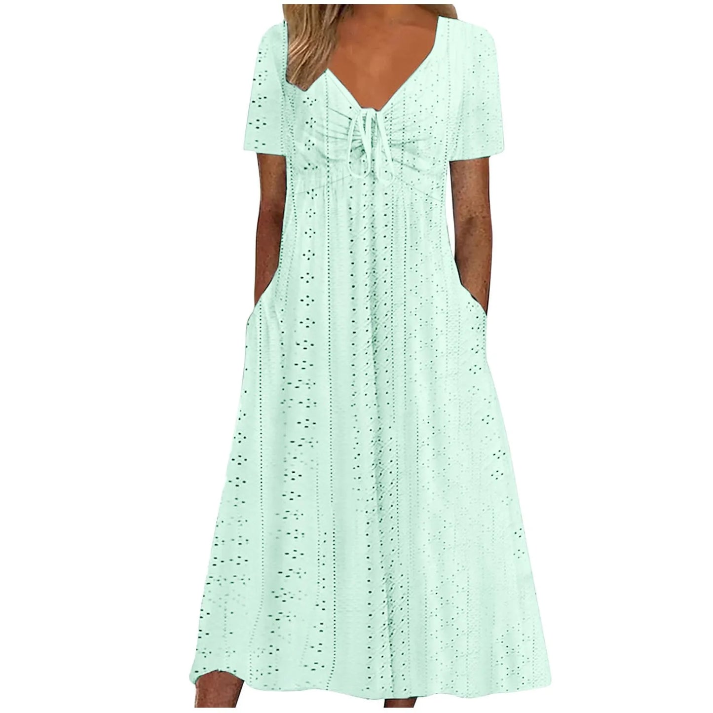 Women's Hollow Out Eyelet Beach Dress Solid Colour V-Neck Tie Short Sleeve Loose Long Dress With Pockets 2025 Boho Summer Dress