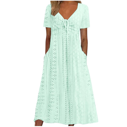 Women's Hollow Out Eyelet Beach Dress Solid Colour V-Neck Tie Short Sleeve Loose Long Dress With Pockets 2025 Boho Summer Dress