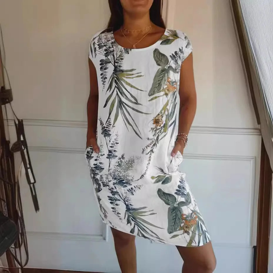 Spring Summer Hot Sale Of The Season Women's Cotton Linen Short Sleeve Printed Pocket round Neck Dress Elegant Style Comforta...