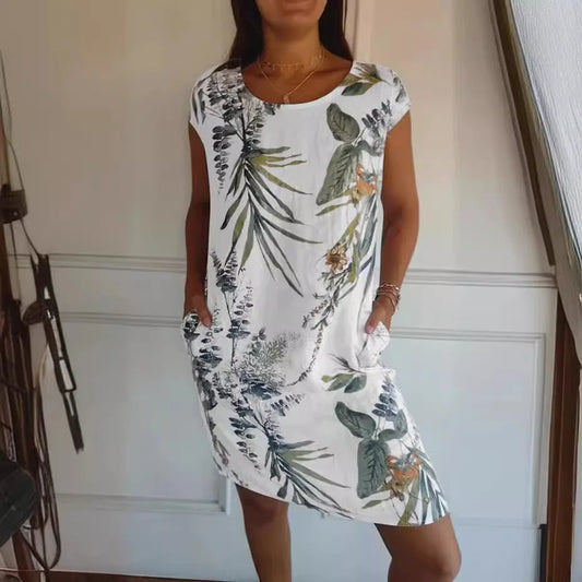 Spring Summer Hot Sale Of The Season Women's Cotton Linen Short Sleeve Printed Pocket round Neck Dress Elegant Style Comforta...