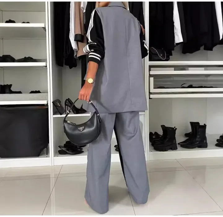 Casual Two Piece Sets Womens Outifits Fall Long Sleeved Patchwork Double Breasted Suit Coat Loose Pant Two-piece Set Winter 2024
