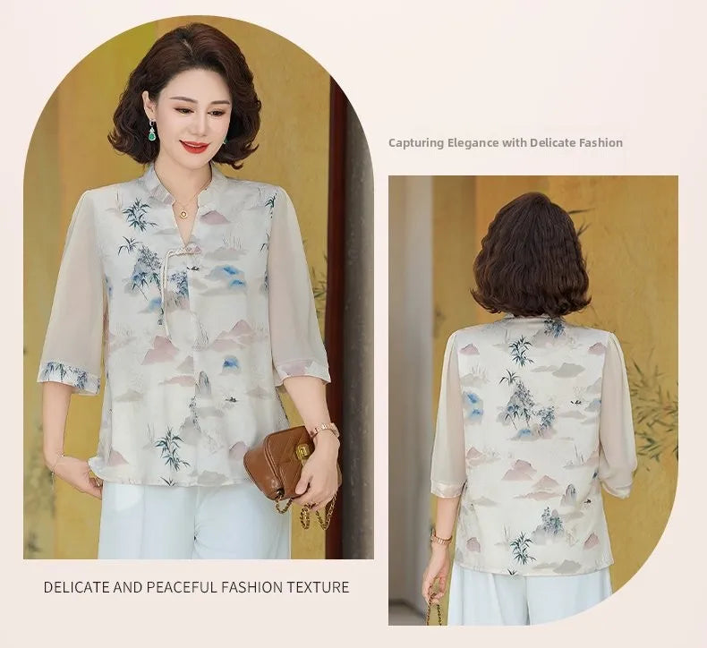 New Chinese Style Floral Print Chiffon Shirt Half Sleeve Women's Middle-Aged Spring Summer Top Mom's Fashionable Small Shirt