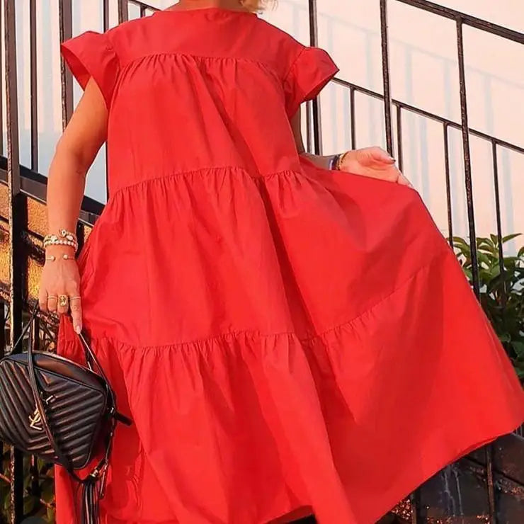 Casual Loose Ruffles Dress Women Fashion O-neck Pure Color Short Sleeve Dresses For Women 2024 Summer White Beach Sumdress