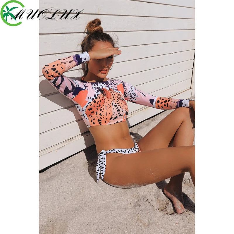 2025 Surfing Women's Swimsuit RashGuard Bikinis Long Sleeve Swimwear Female Print Summer Bathing Suit 2-piece Sports Biquini