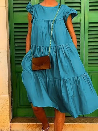 Casual Loose Ruffles Dress Women Fashion O-neck Pure Color Short Sleeve Dresses For Women 2024 Summer White Beach Sumdress