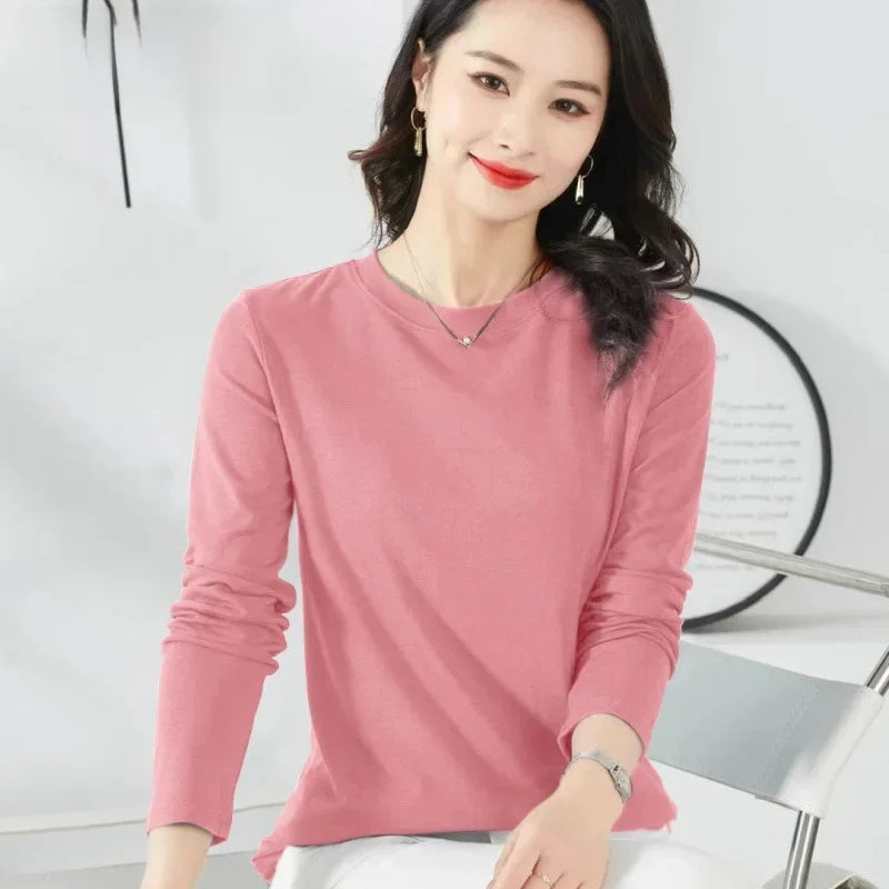 Korean Style Women's round Neck Long Sleeve Base Shirt Early Autumn New Pure Color Threaded Top Trendy T-shirt Slim Fit