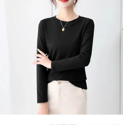 Korean Style Women's round Neck Long Sleeve Base Shirt Early Autumn New Pure Color Threaded Top Trendy T-shirt Slim Fit