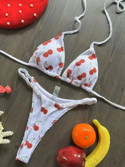 Printed Halter Wrinkled Bikinis Mini Micro Thong Bikini Female Swimsuit Women Swimwear Two-pieces Bikini Set Bathing Suit Swim