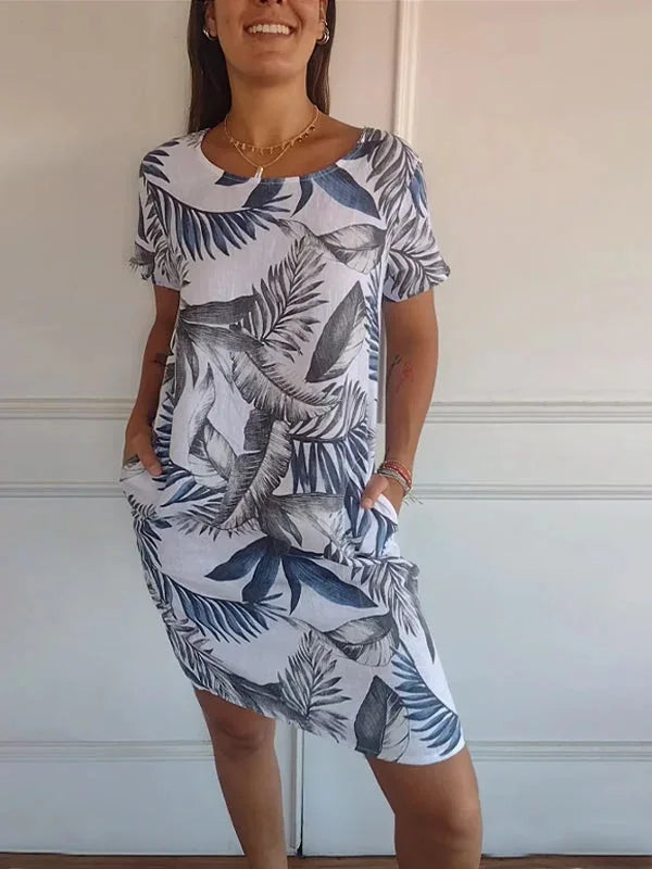 Spring Summer Hot Sale Of The Season Women's Cotton Linen Short Sleeve Printed Pocket round Neck Dress Elegant Style Comforta...