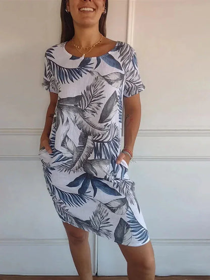 Spring Summer Hot Sale Of The Season Women's Cotton Linen Short Sleeve Printed Pocket round Neck Dress Elegant Style Comforta...