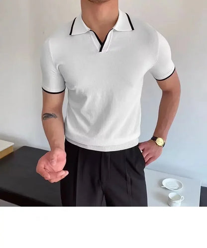 Summer Men's Knit Short Sleeve Polo Shirt Korean Style Slim Fit Solid Color Ice Silk Casual T-shirt Base Layer Top