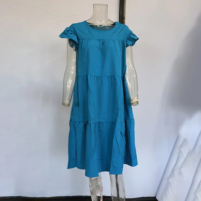 Casual Loose Ruffles Dress Women Fashion O-neck Pure Color Short Sleeve Dresses For Women 2024 Summer White Beach Sumdress