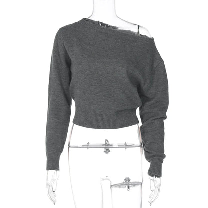 One Shoulder Beige Knitted Sweater Women's Pull Waist One-Shoulder Sweatshirt Jumper Pulls Spring Clothes 2026 Pullover Y2K New