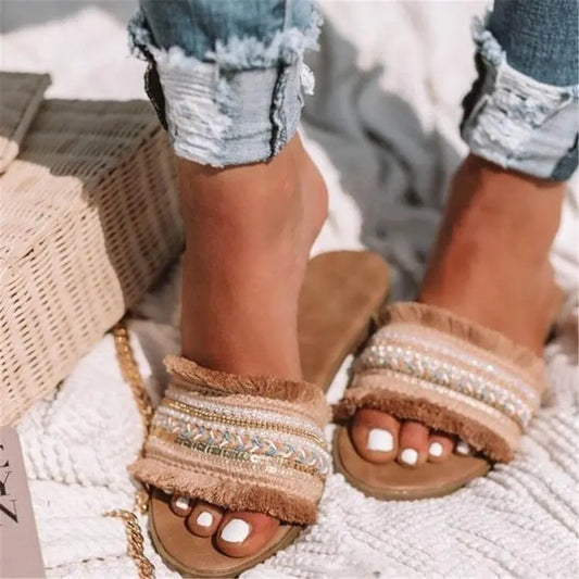 2024 women's new flat bottomed toe sandals women's summer new fashion tassel style women's slippers women's shoes