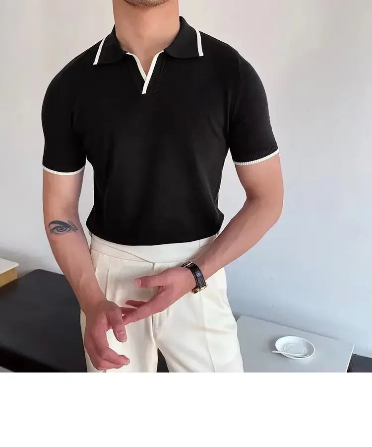 Summer Men's Knit Short Sleeve Polo Shirt Korean Style Slim Fit Solid Color Ice Silk Casual T-shirt Base Layer Top