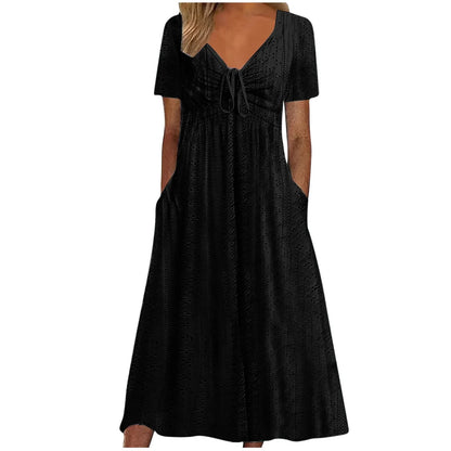 Women's Hollow Out Eyelet Beach Dress Solid Colour V-Neck Tie Short Sleeve Loose Long Dress With Pockets 2025 Boho Summer Dress