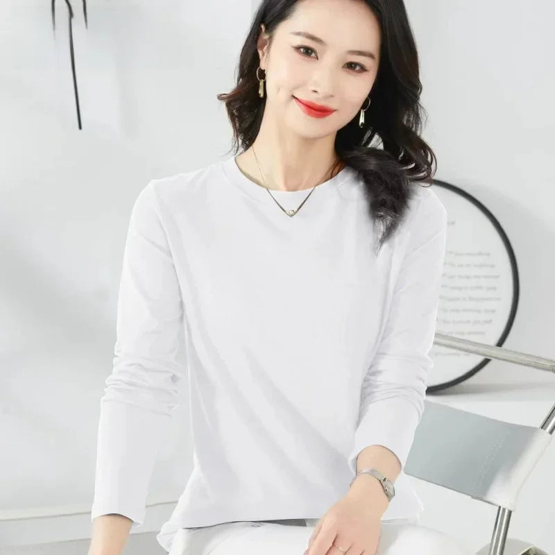 Korean Style Women's round Neck Long Sleeve Base Shirt Early Autumn New Pure Color Threaded Top Trendy T-shirt Slim Fit