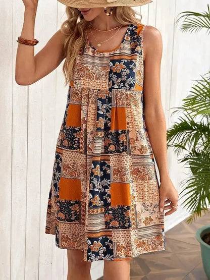 TUME Women's Fashion Print Dress Knee-Length Skirt Sleeveless Regular Waistline Cross-Border Summer New Arrival